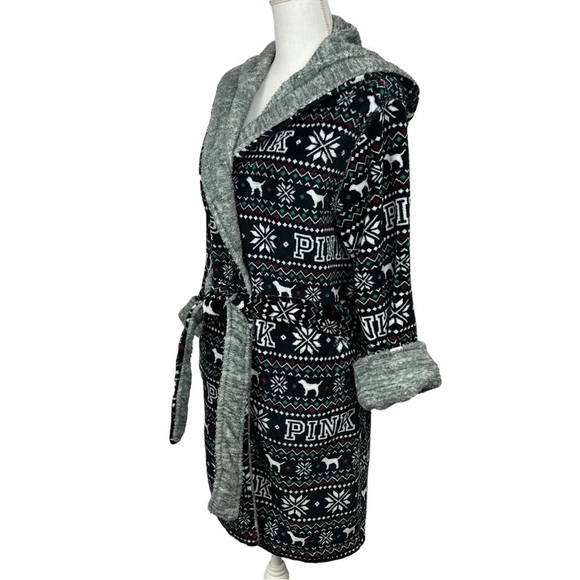 Pink Victoria’s Secret Tie Wrap Hoodie Robe XS/S Multi Color Print Soft Fleece - Picture 3 of 11
